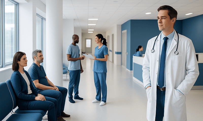 Medical consultation in a hospital corridor with doctor and patients.
