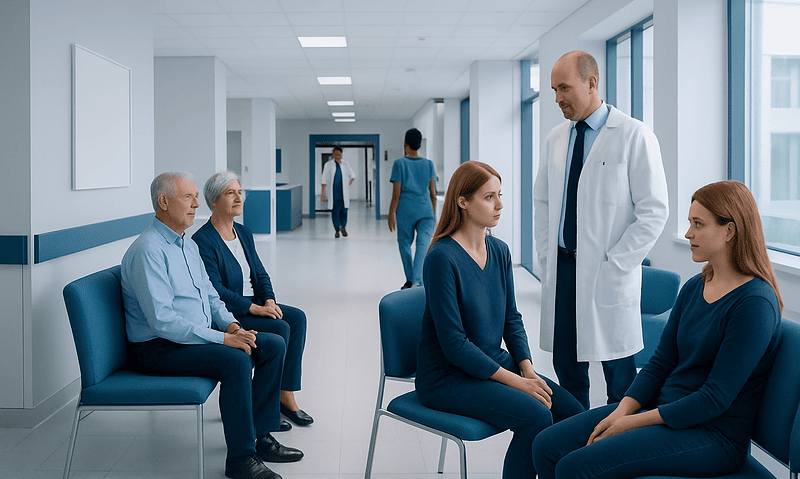 Doctor consulting with patients in a hospital corridor.