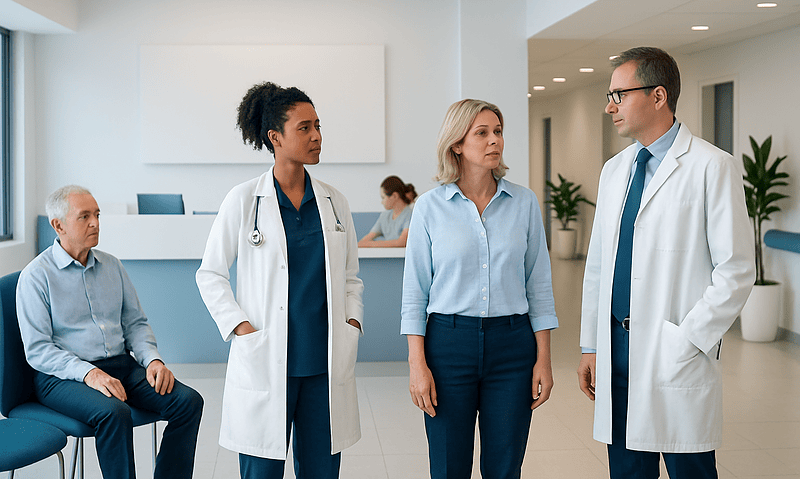 Medical team discussing patient care in hospital lobby.