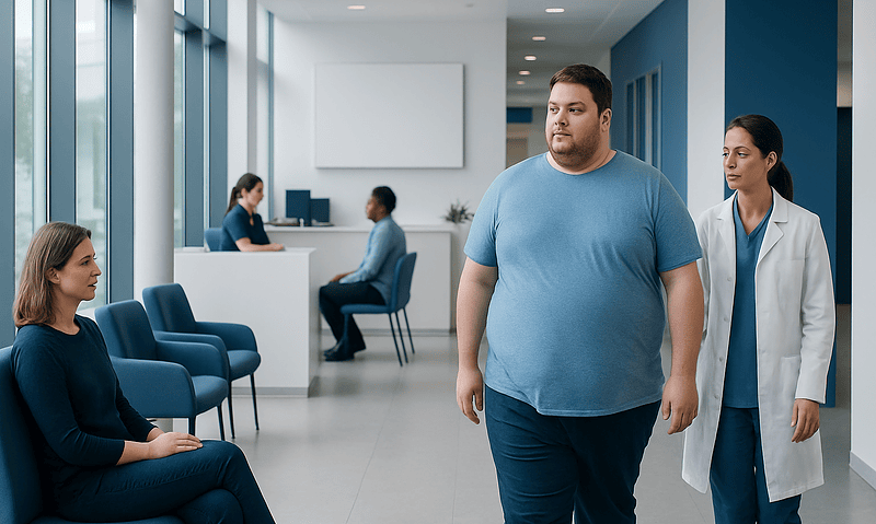 Patient waiting in hospital corridor before bariatric surgery consultation.