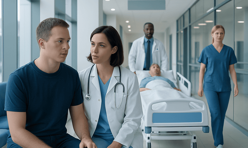 Medical team consulting with patient in hospital corridor.