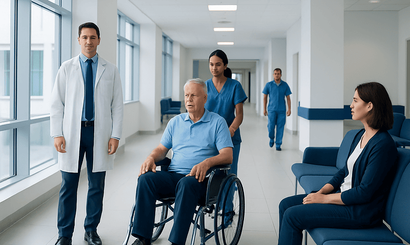 Medical team consulting with patient in hospital corridor.