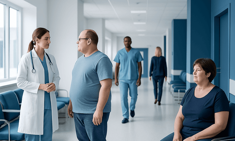 Doctor consulting with a patient in a hospital corridor.