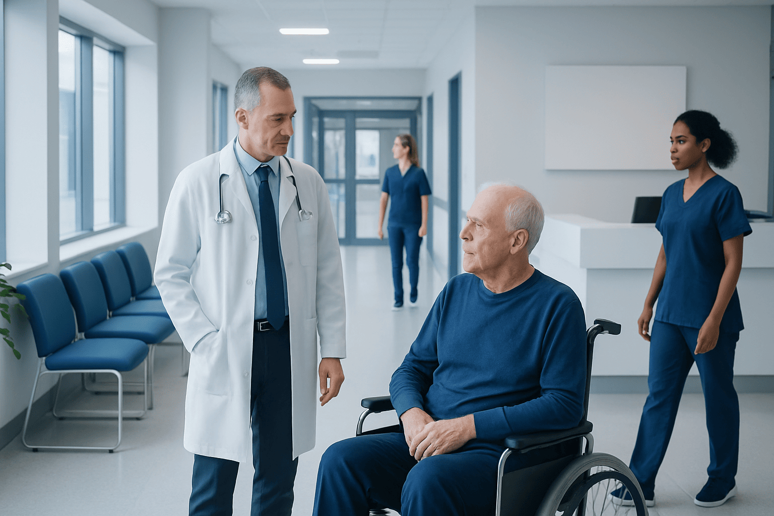 Doctor consulting with elderly patient in hospital corridor.