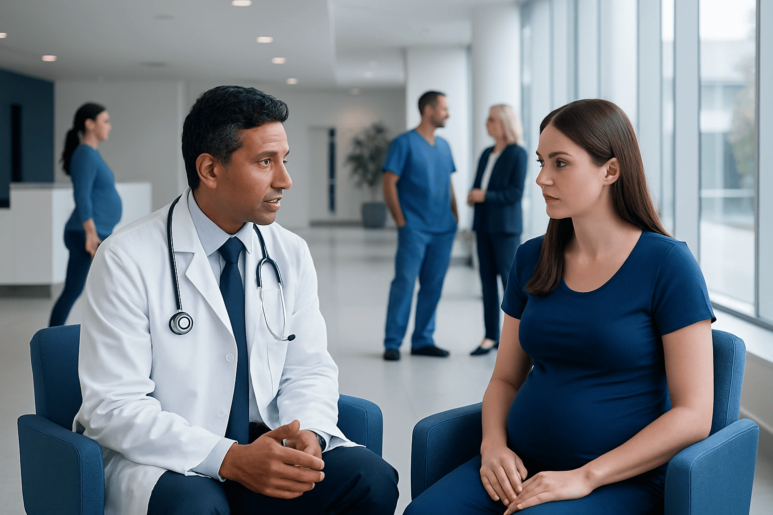 Doctor consulting pregnant woman in hospital waiting area.