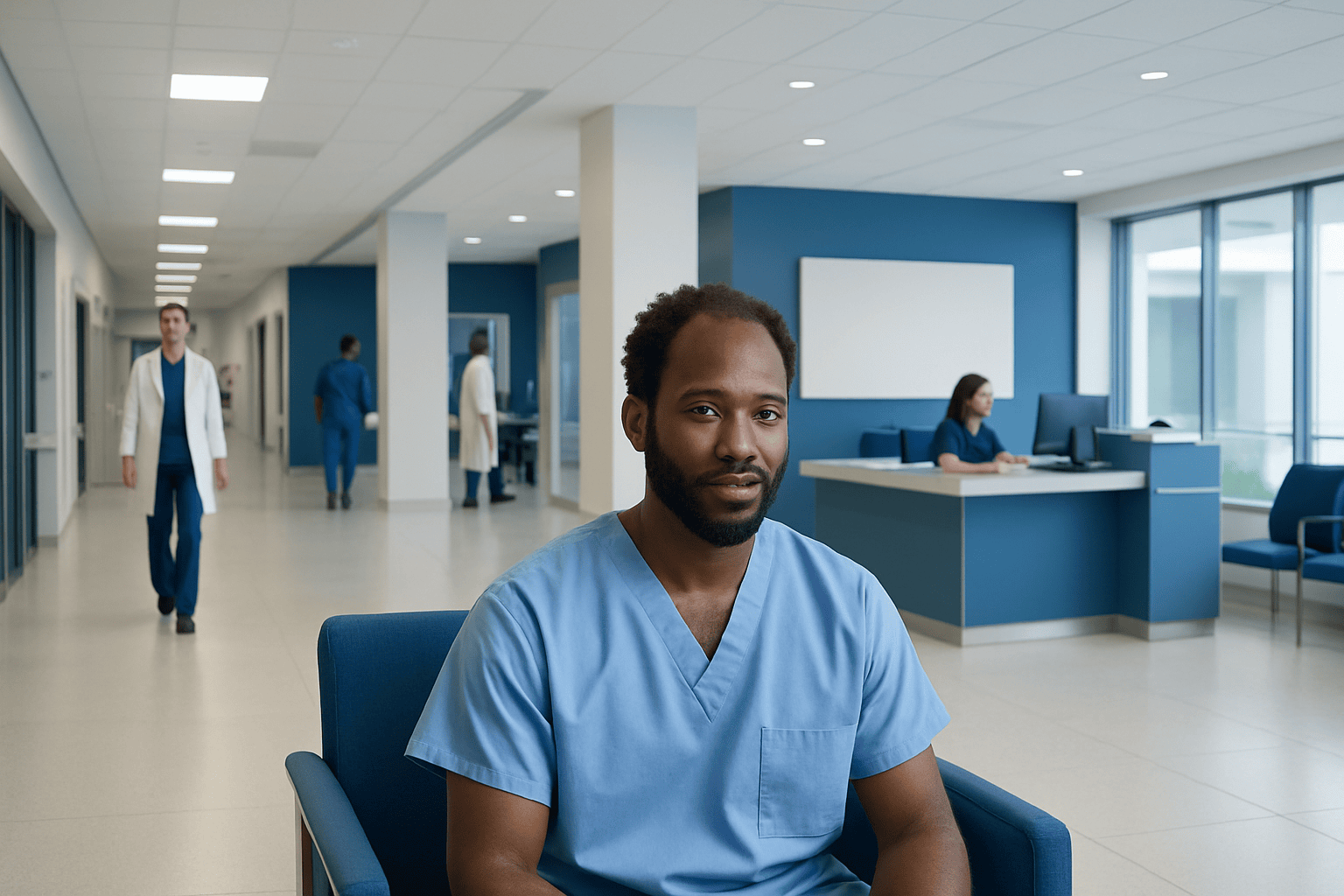 Diverse medical team in modern hospital corridor with patient care area.