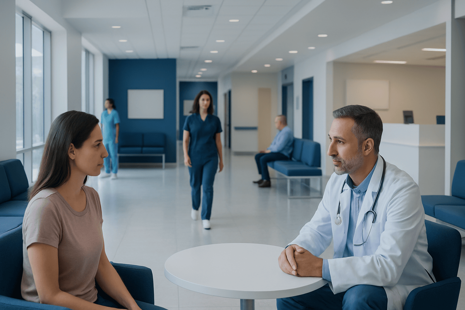 Doctor consulting a patient in a modern hospital waiting area.