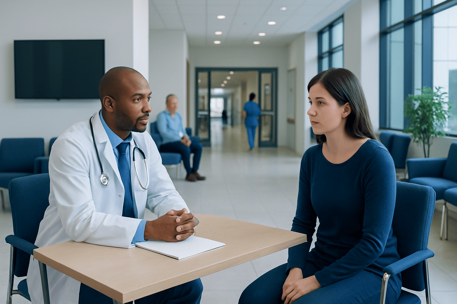 Doctor consulting a patient in a hospital waiting area.