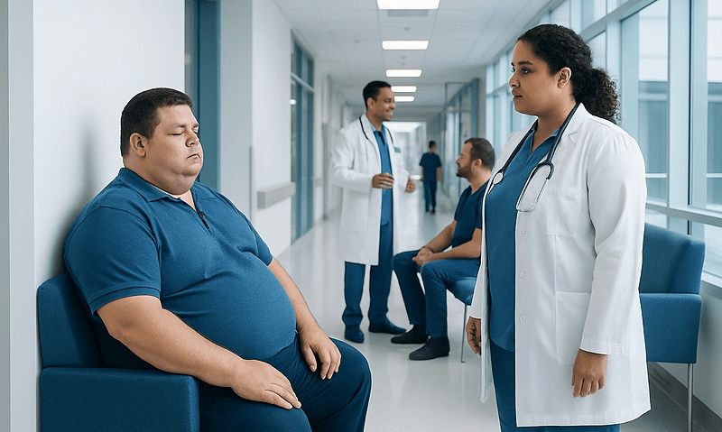 Doctor consulting obese patient in hospital corridor.