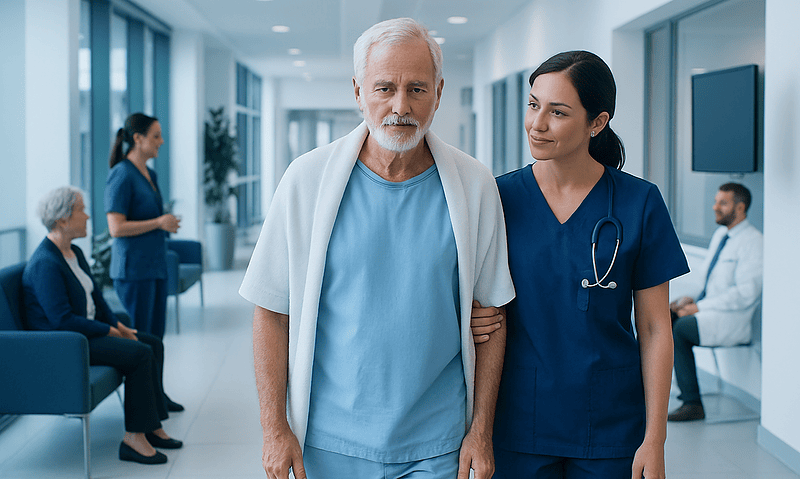Senior patient walking with nurse in hospital corridor after heart surgery.