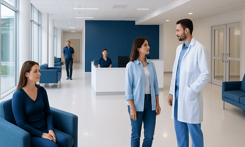 Patients and doctor in a modern hospital lobby.