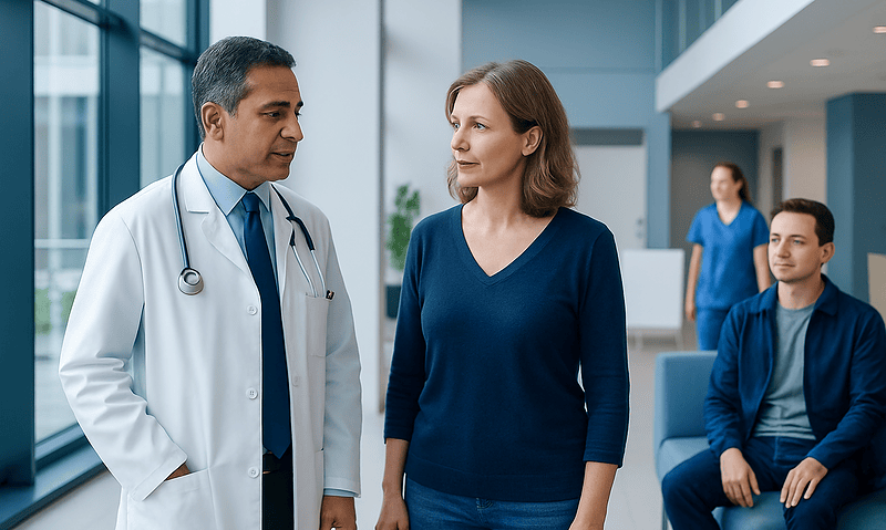 Doctor consulting a female patient in a modern hospital lobby.