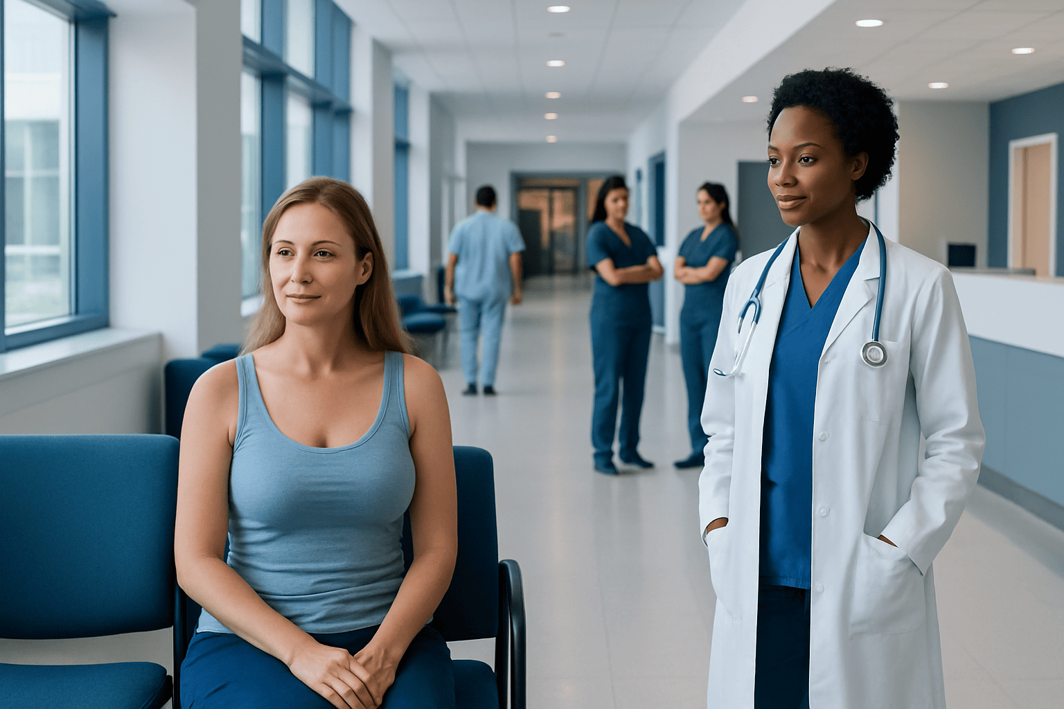 Patient in a hospital waiting area with medical staff in the background.