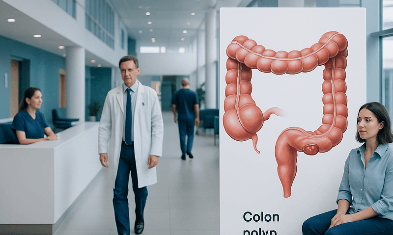Medical professionals discuss colon polyps in a hospital corridor.