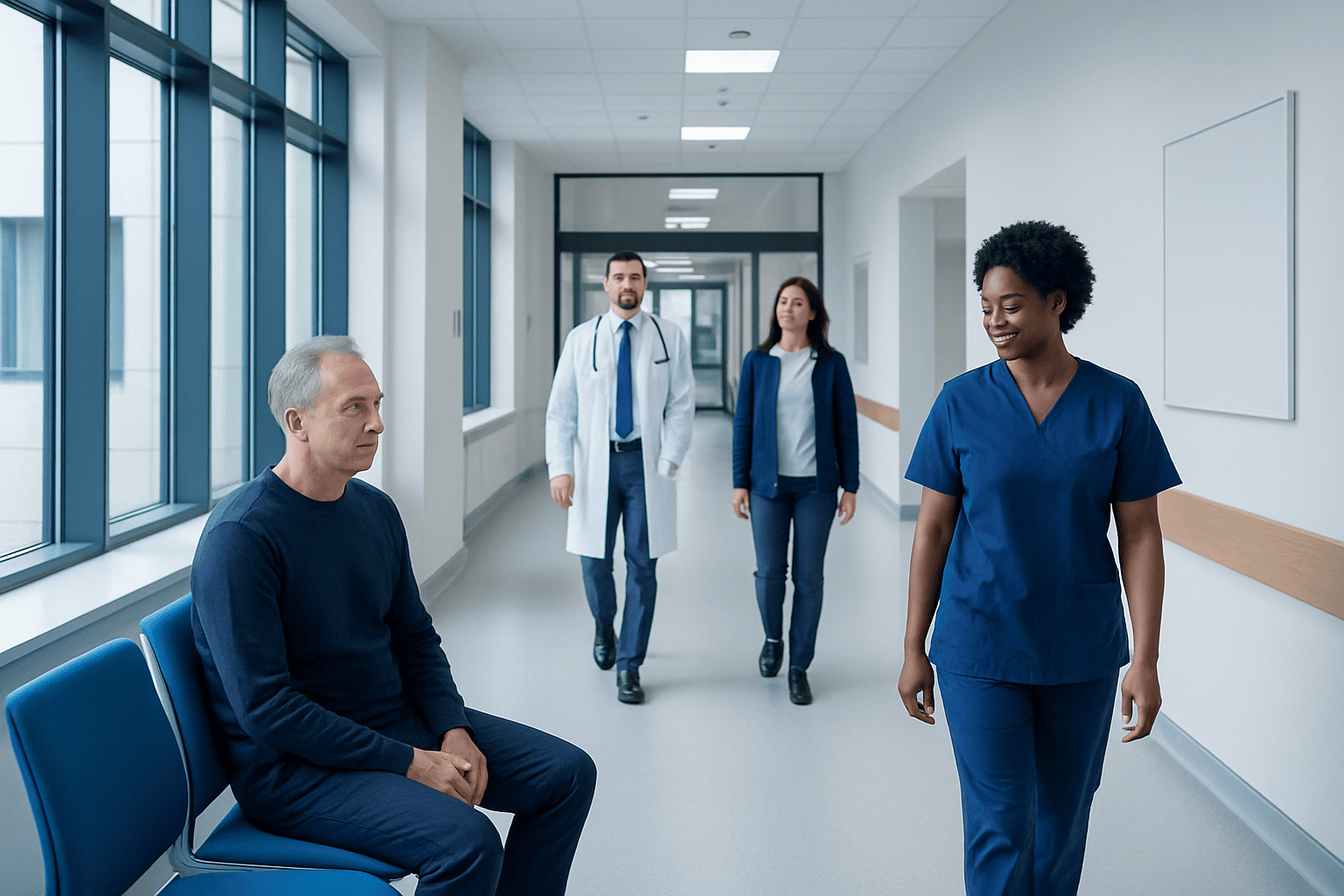 Medical consultation in a hospital corridor with healthcare professionals and patient.