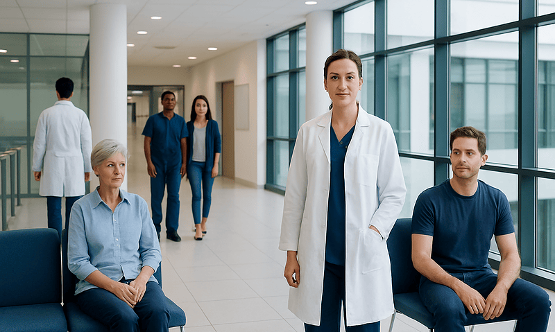 Medical team at a hospital waiting area with patients and staff.