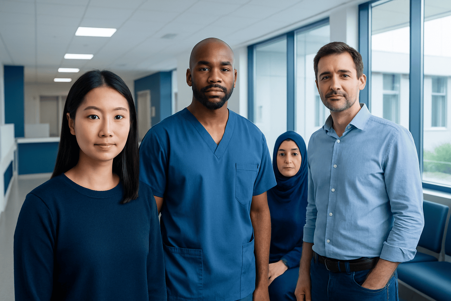 Diverse medical team at Acibadem Hospital in a modern clinic setting.