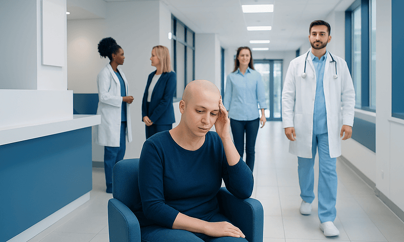 Patient experiencing hair loss in hospital corridor with medical staff nearby.