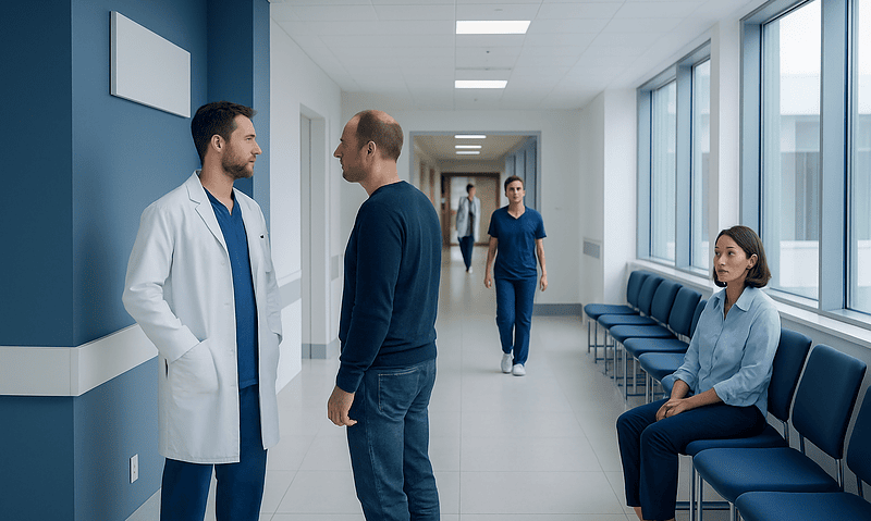 Doctor talking to patient in hospital corridor with waiting area.