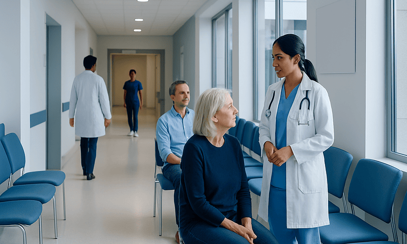 Healthcare professional consulting elderly patient in hospital corridor.