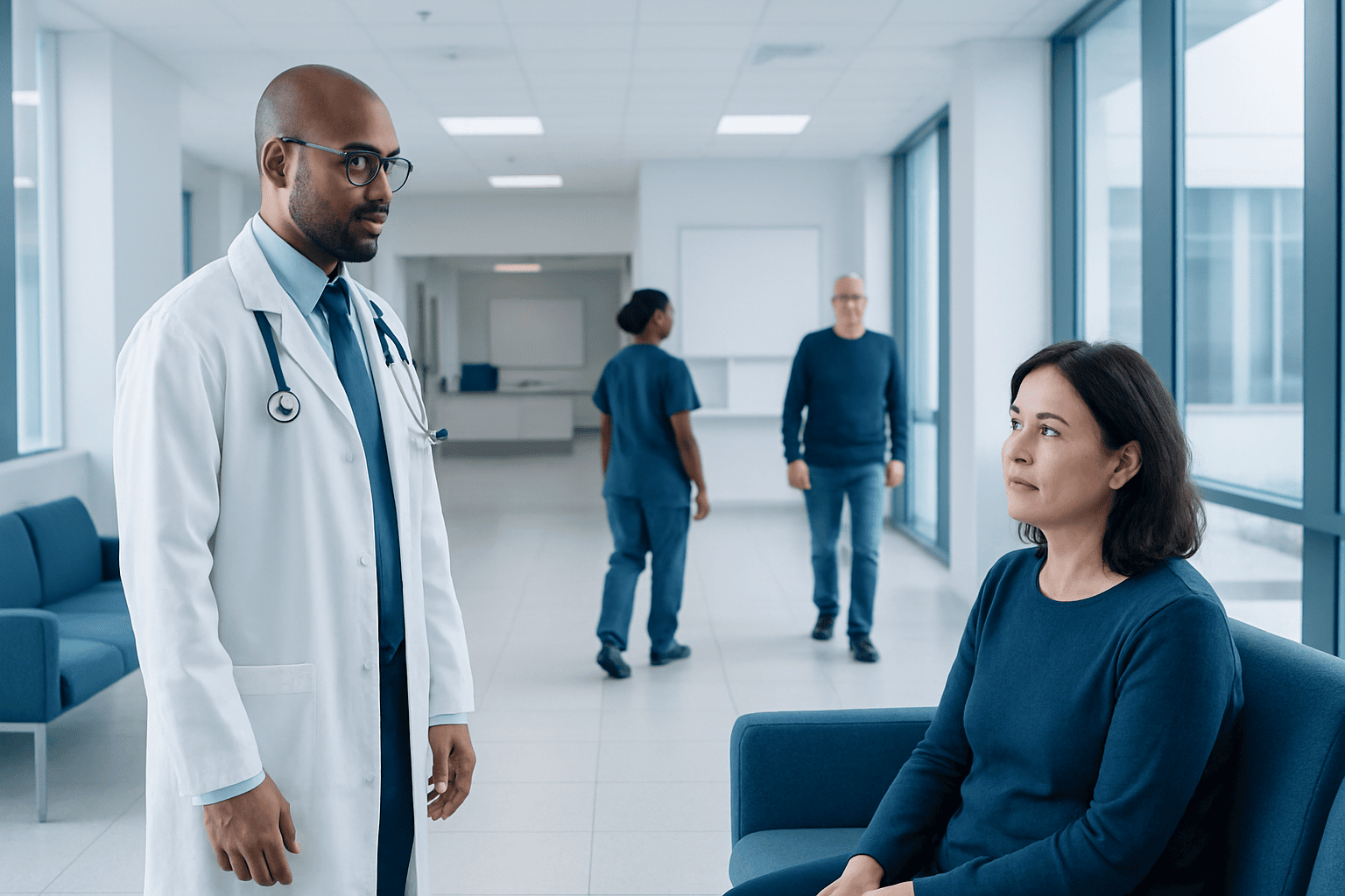Doctor consulting a patient in a hospital corridor with medical staff in the background.