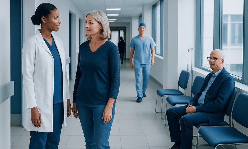 Healthcare professionals and patient in hospital corridor.