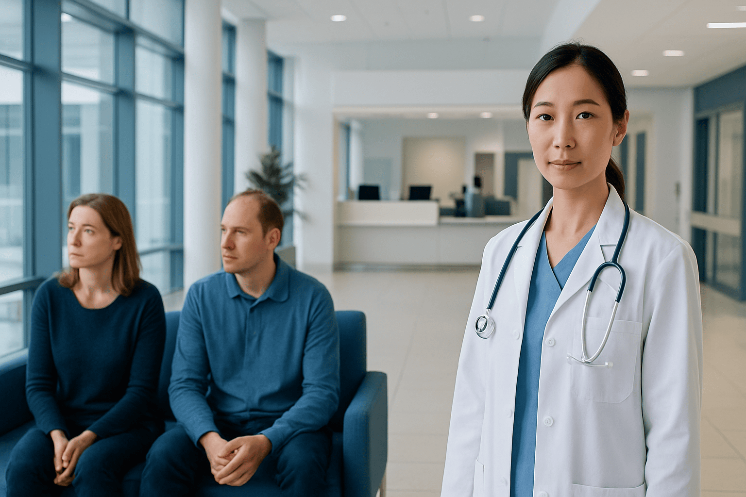 Doctor with patients in a hospital waiting area at Acibadem Hospitals Group.