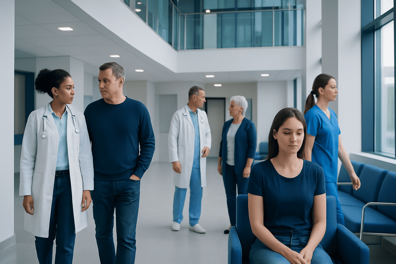 Medical staff and patients in a hospital waiting area.