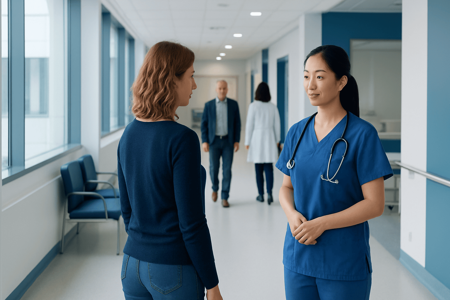 Patient consulting with nurse in hospital corridor at Acibadem Hospitals Group.