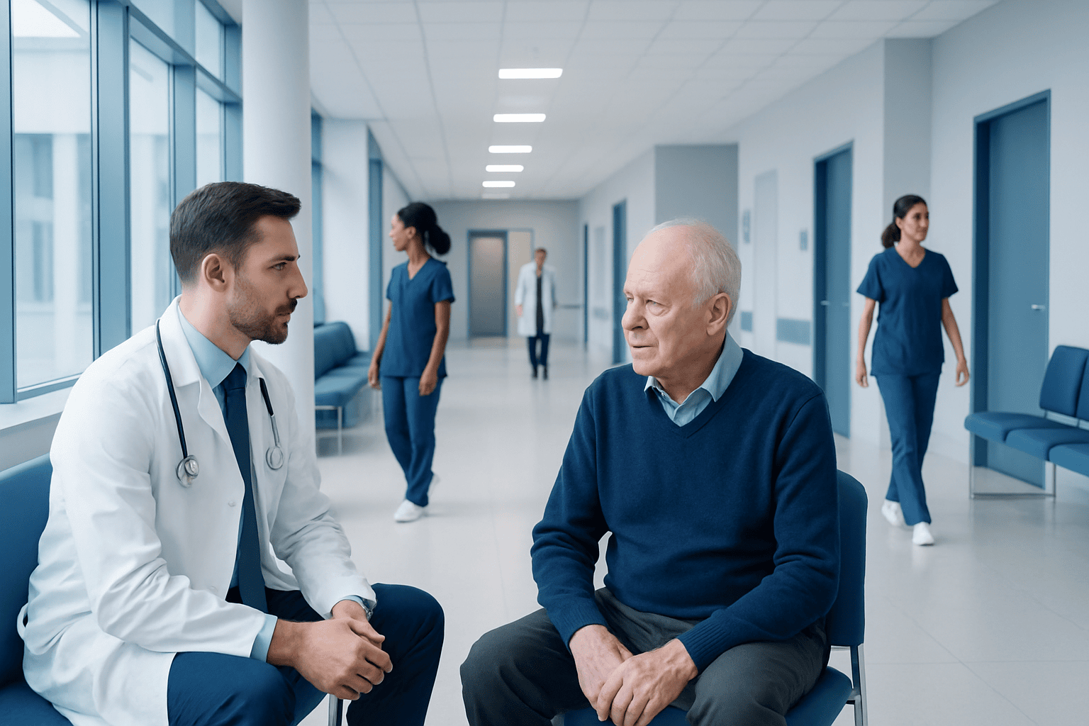 Doctor consulting elderly patient in hospital corridor with nurses in background.