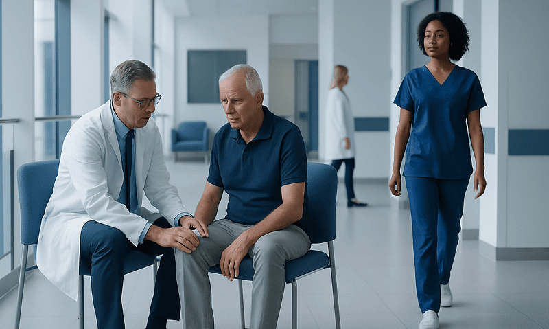 Doctor examining a patient in a hospital corridor with nurses nearby.