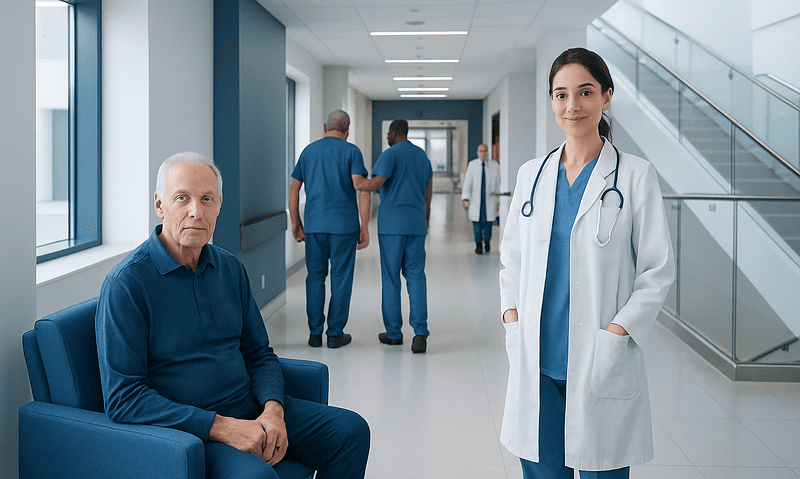 Healthcare professionals and patient in hospital corridor at Acibadem Hospitals Group.