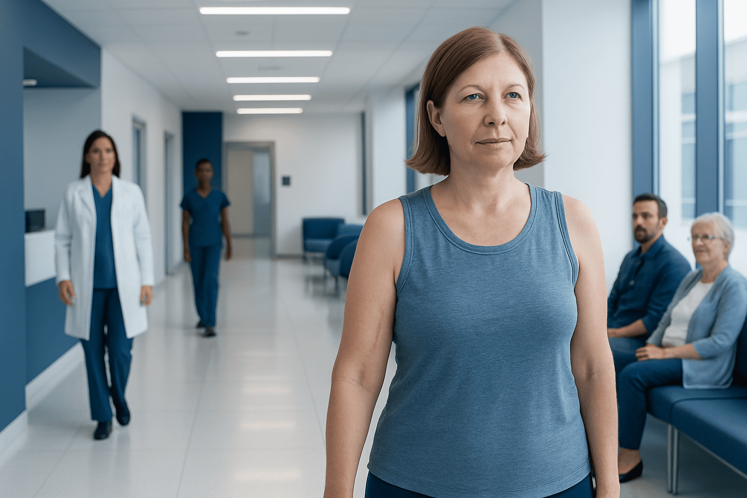 Woman waiting in hospital corridor with medical staff and patients in background.