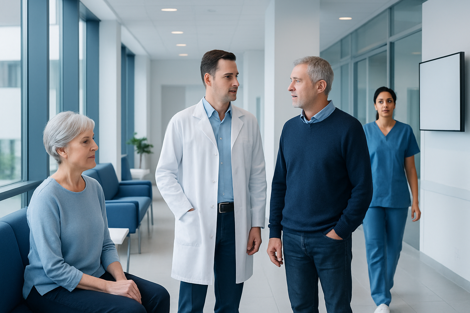 Medical team discussing patient care in a modern hospital corridor.