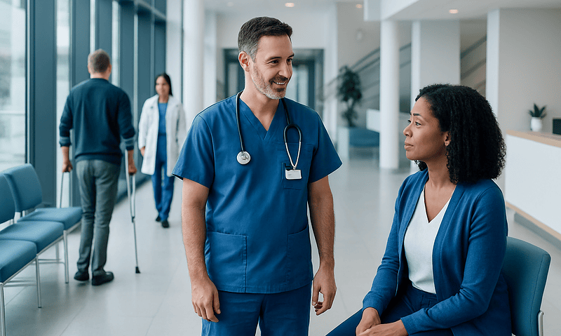 Knee doctor consulting with a patient in a modern hospital corridor.