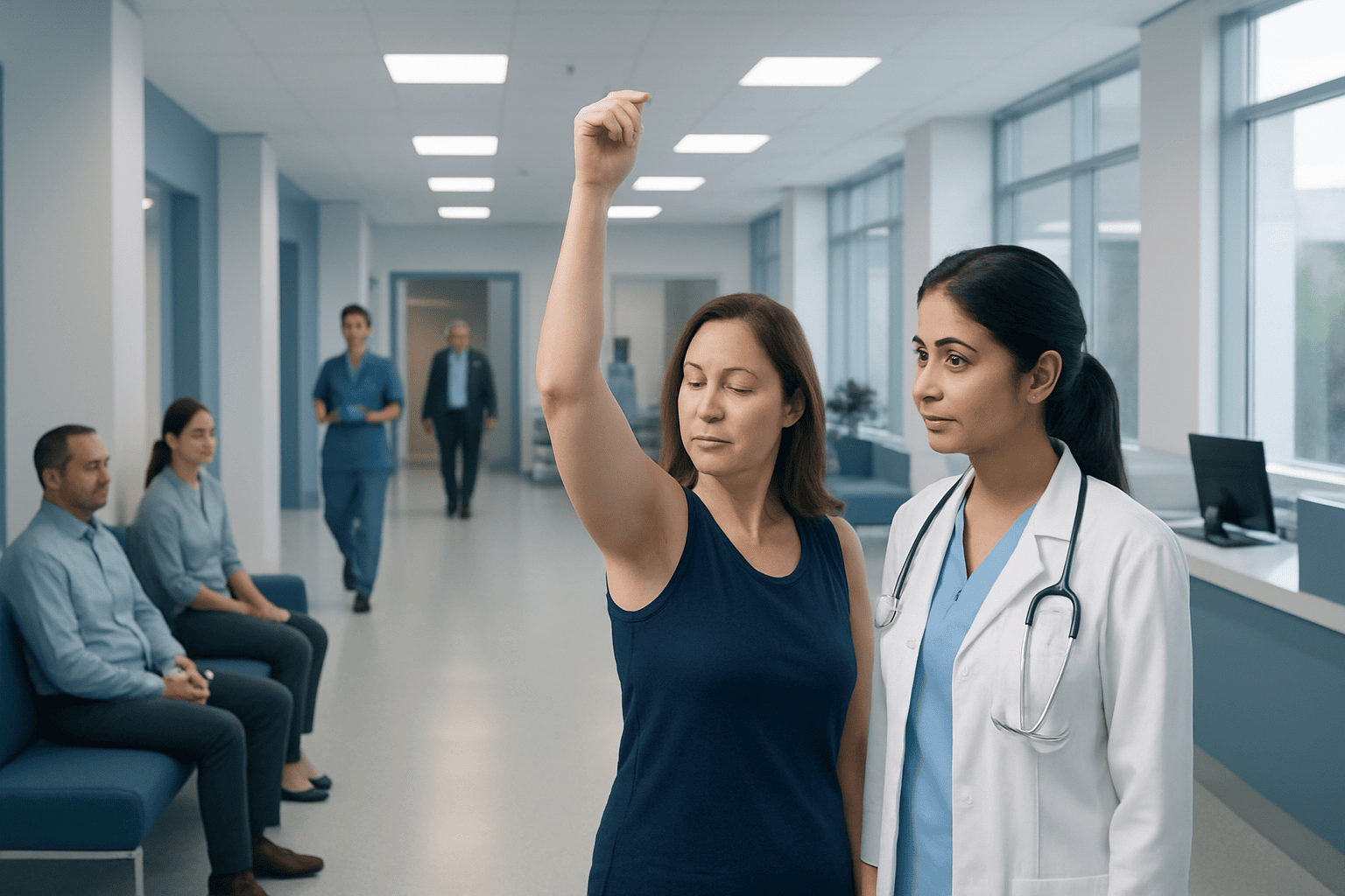 Medical professional observes patient performing arm movement test in hospital corridor.