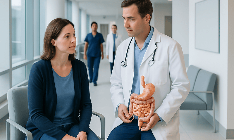 Doctor explaining gastrointestinal health to a patient in a hospital corridor.