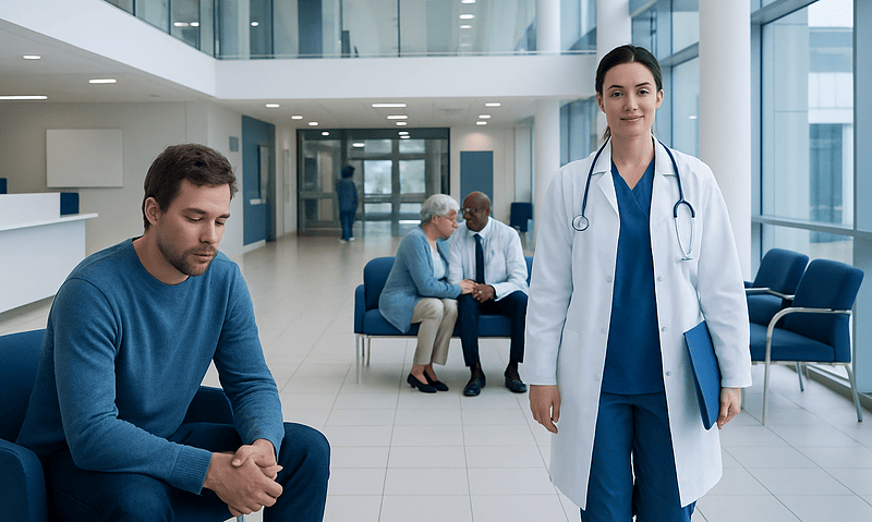 Medical consultation in a modern hospital with a doctor and patients.