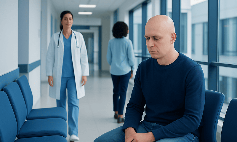 Bald man waiting in hospital corridor with doctor and nurse nearby.