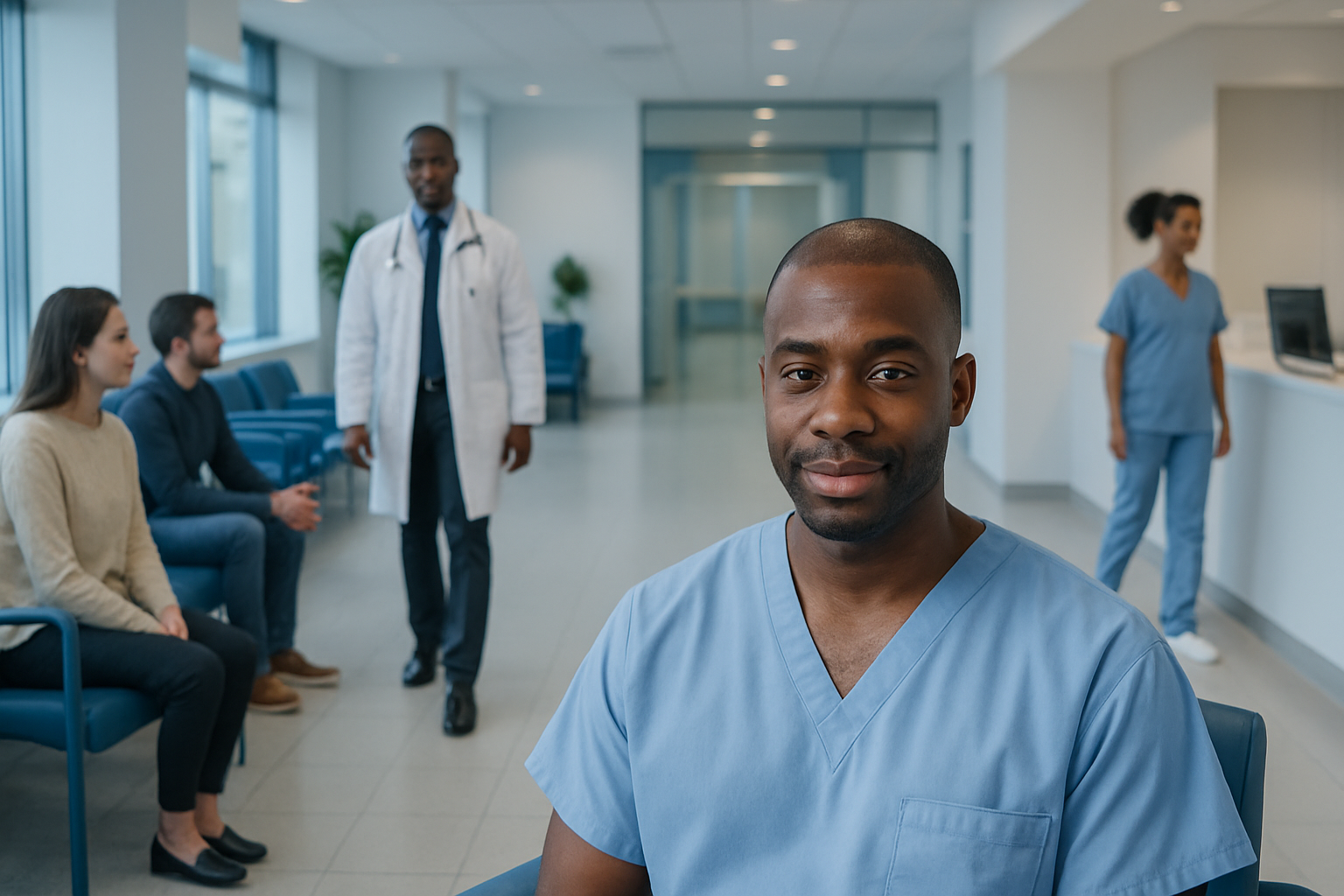African American man in medical scrubs at hospital reception area.