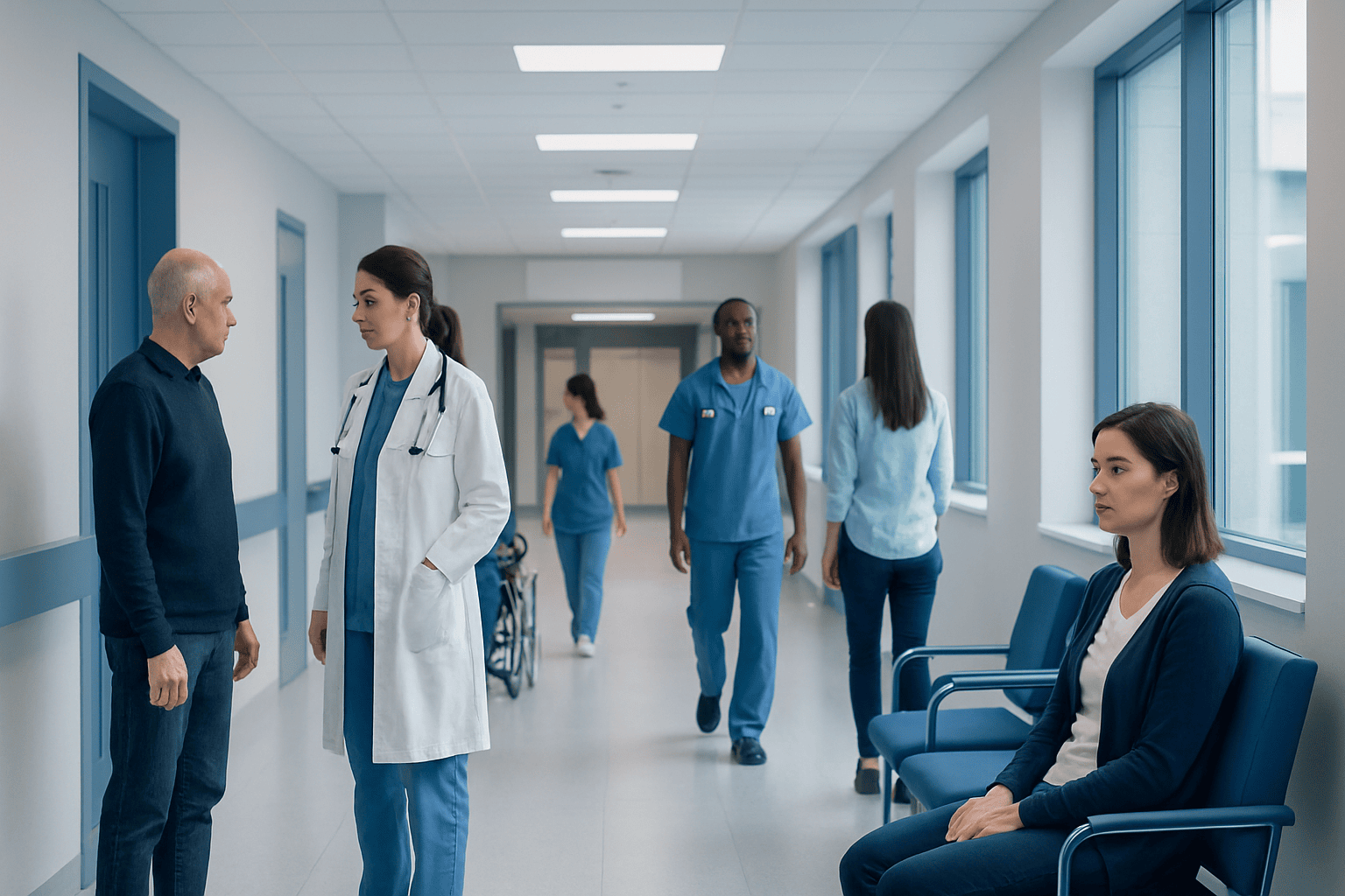 Medical staff and patient in hospital corridor at Acibadem Hospitals Group.