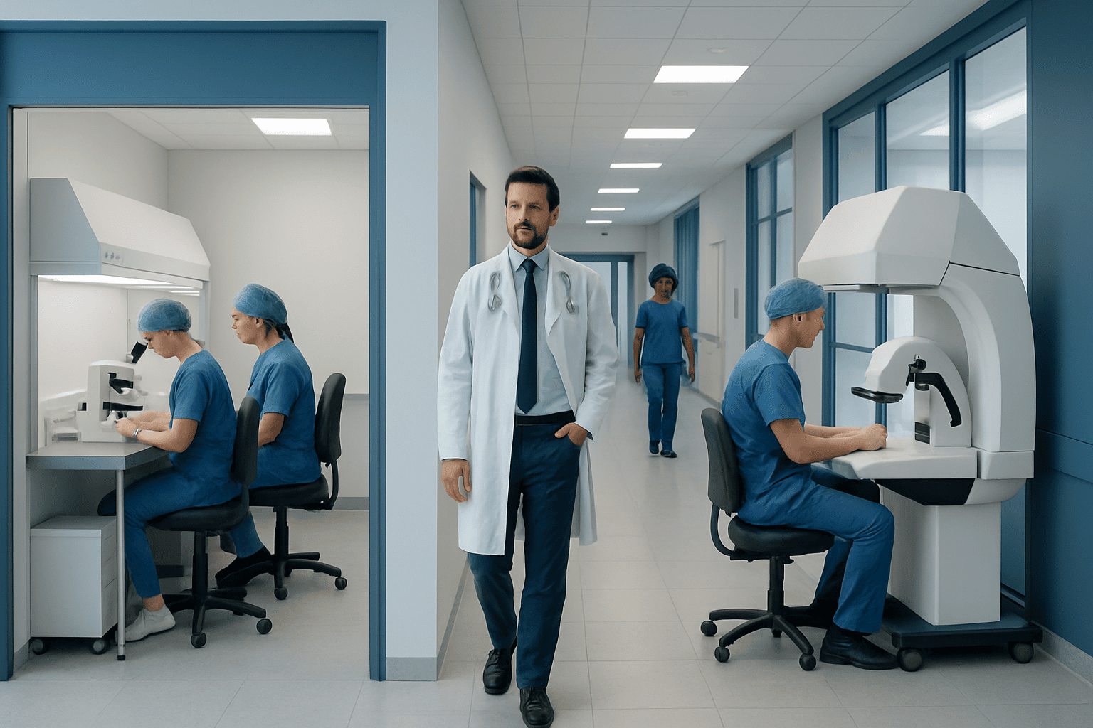 Medical professionals working in a modern IVF laboratory with advanced equipment.