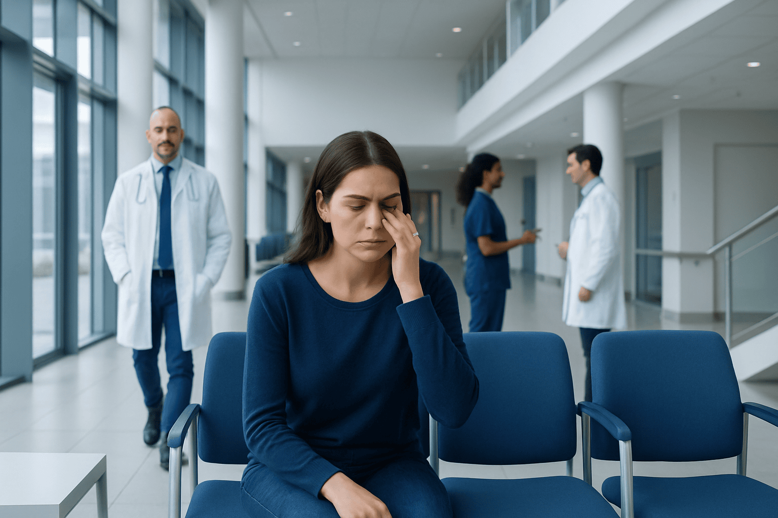 Woman experiencing eye discomfort in a hospital waiting area.