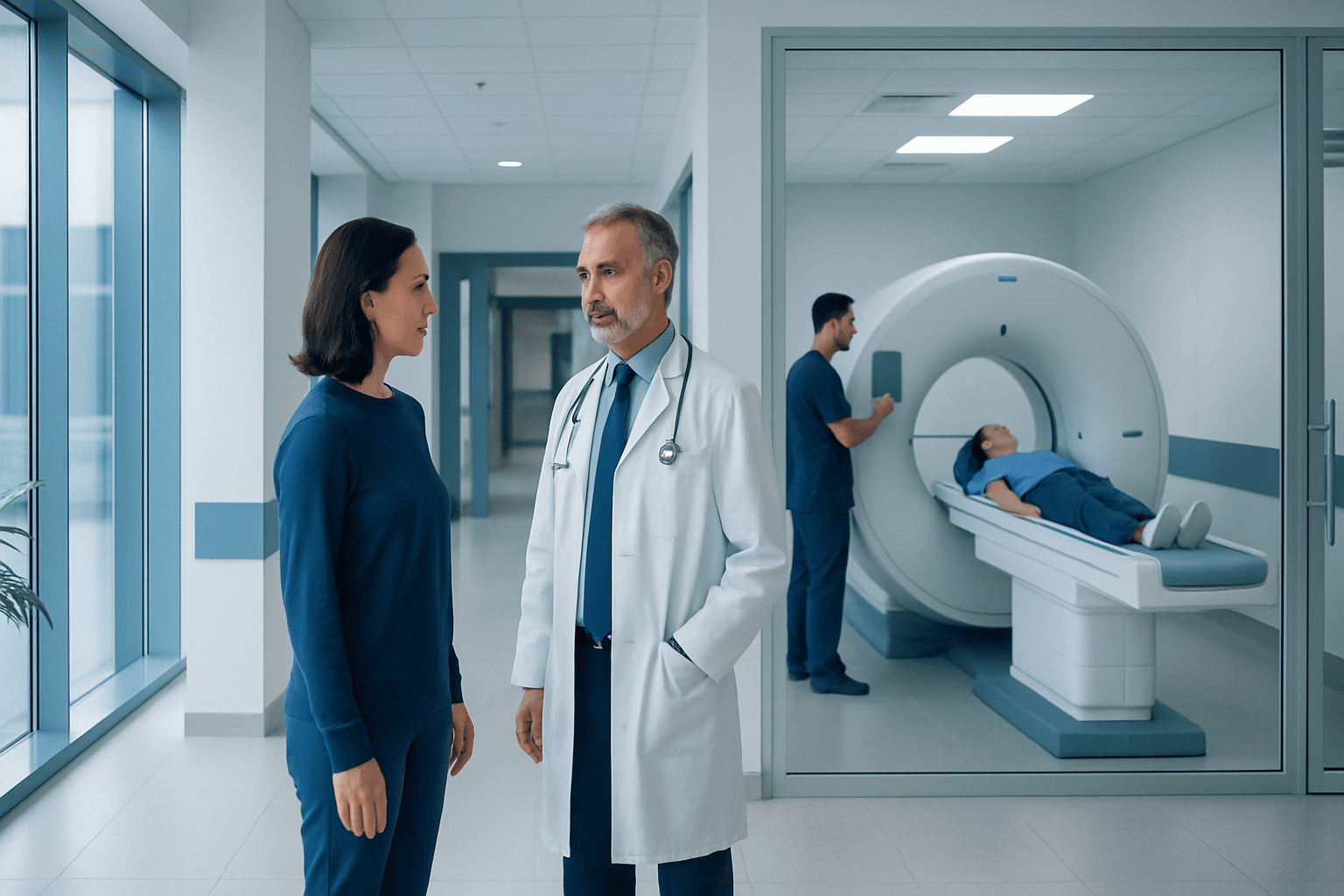 Doctor and nurse discussing in hospital corridor near MRI scanner.