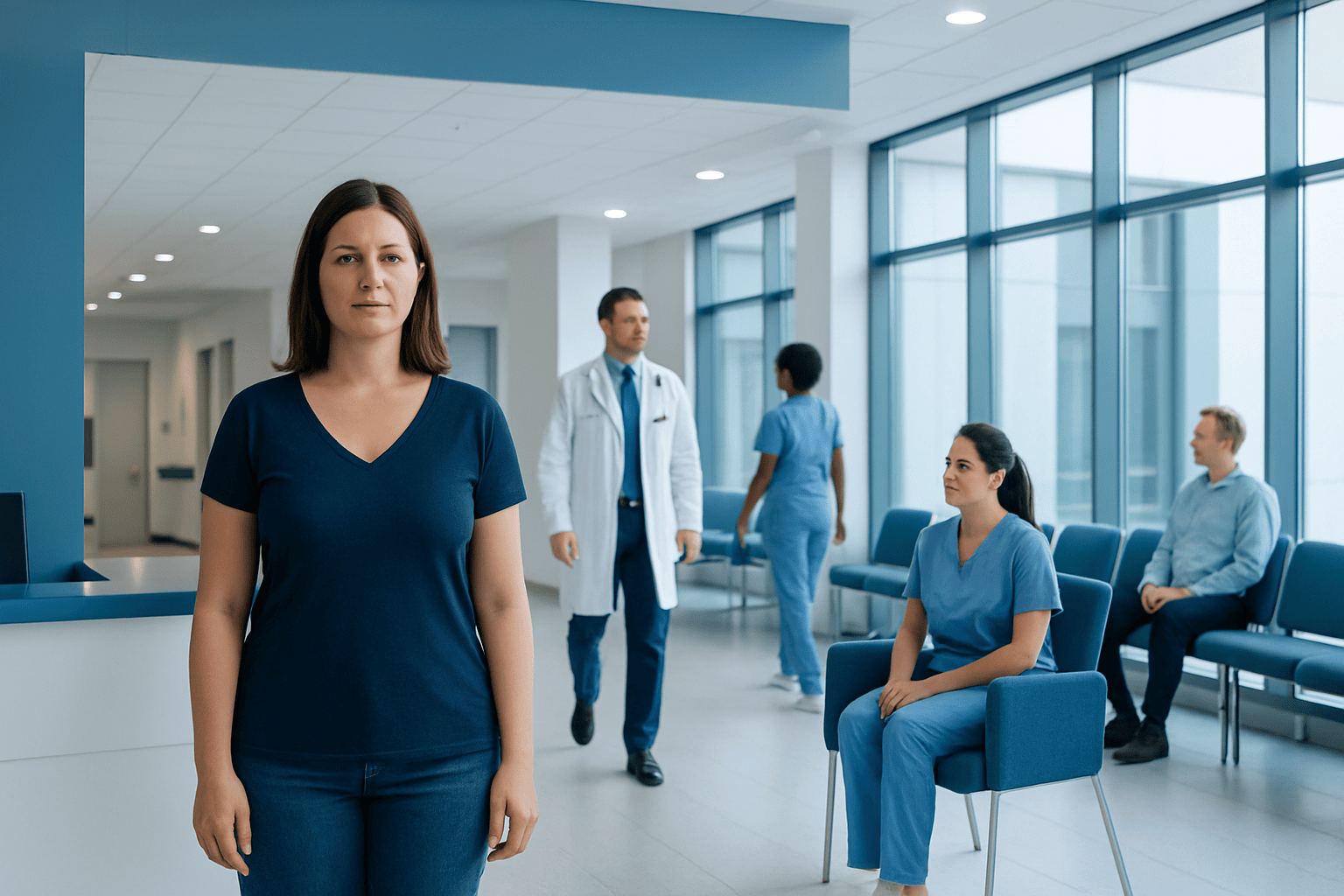 Woman waiting in a hospital corridor with medical staff and patients in the background.