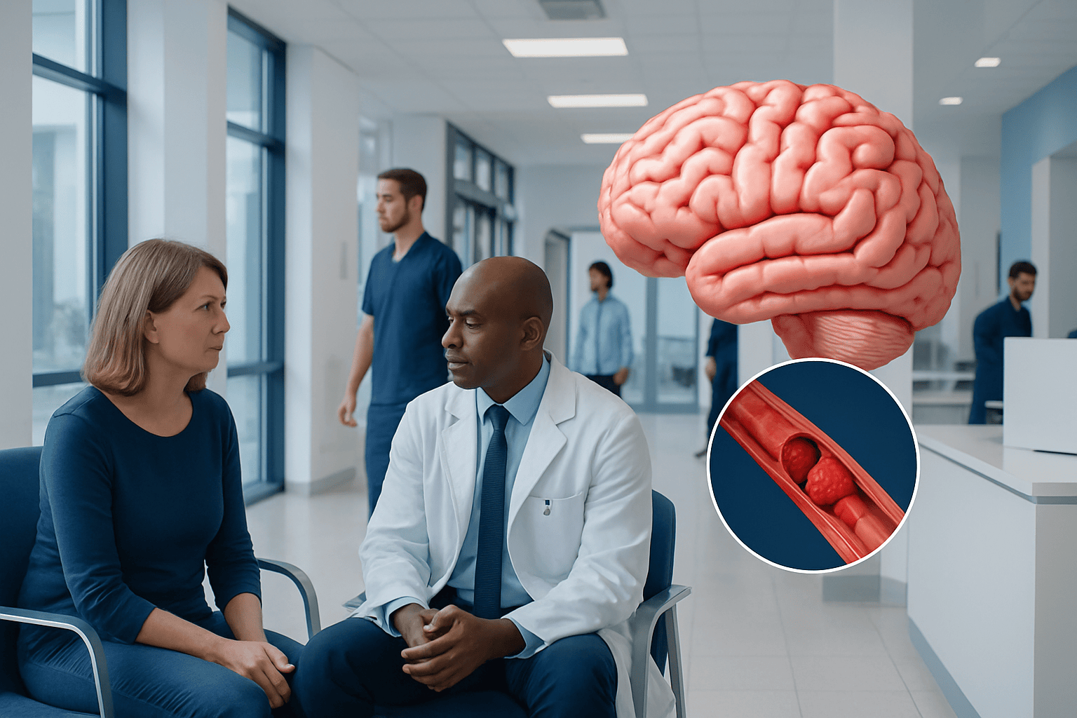 Doctor explaining stroke risks to a patient in a hospital corridor.