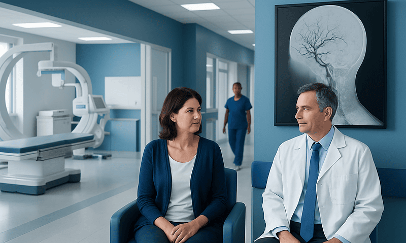 Doctor and patient in a hospital waiting area with brain scan image on the wall.