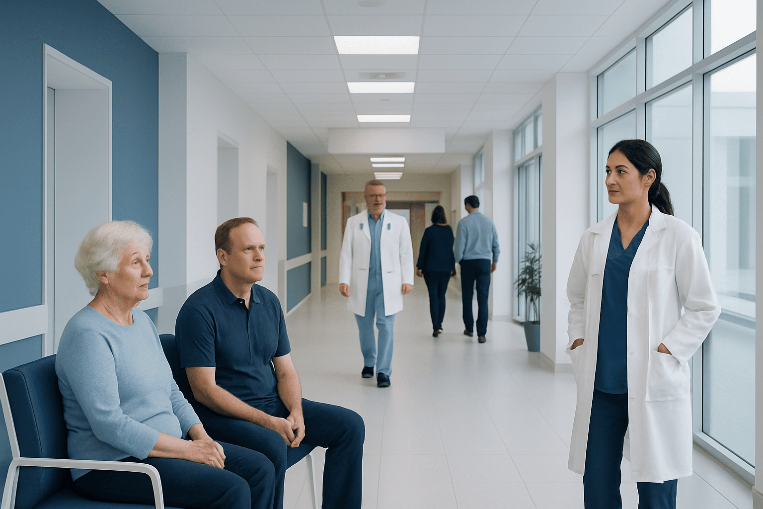 Doctor consulting elderly patient in hospital corridor.