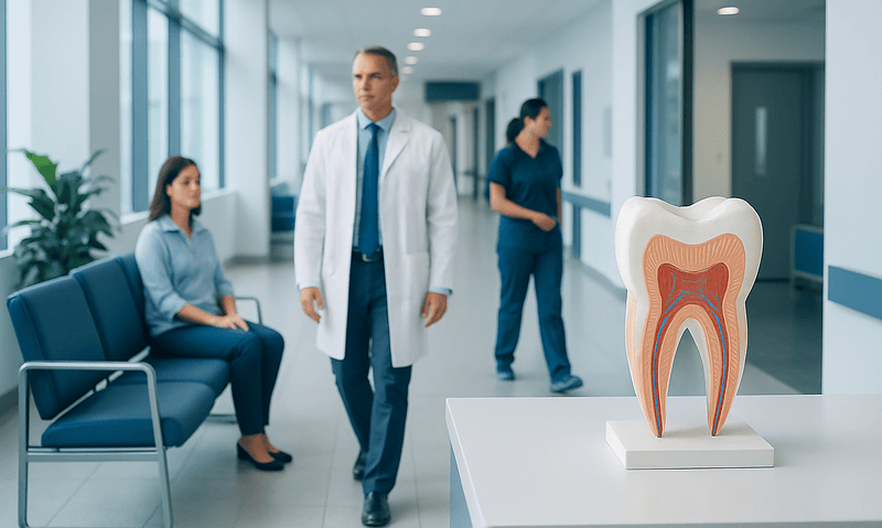 Dental professionals and a large tooth model in a modern clinic corridor.