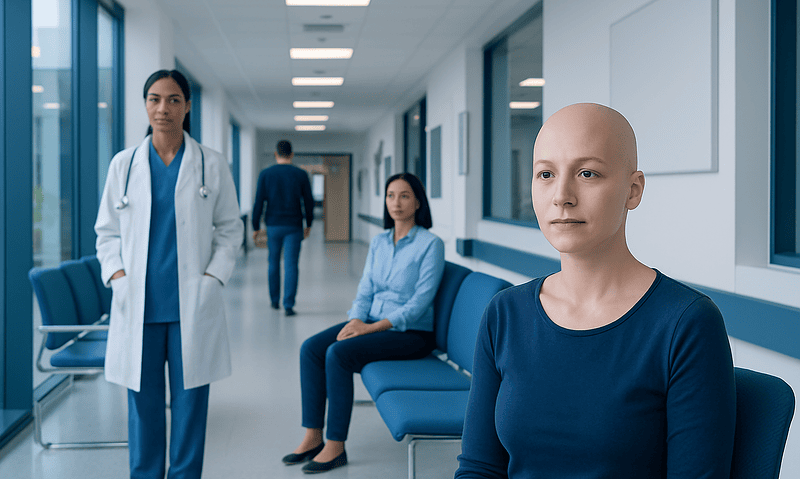 Bald woman in a medical clinic with healthcare professionals nearby.